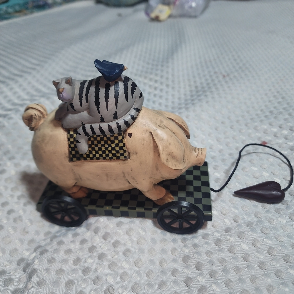 WILLIRAYE STUDIO EUC PIG CAT BIRD PULL TOY DECOR FOLK ART VINTAGE WW1428 1999
